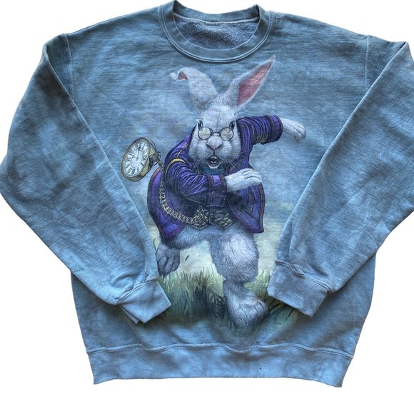 Tie Dye White Rabbit Graphic Sweatshirt Green Bluish Grey Lightweight Sz Md - Picture 3 of 15